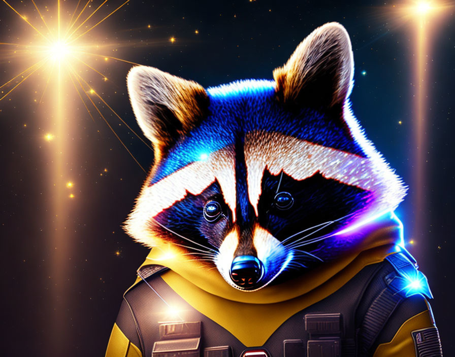 Anthropomorphic raccoon in futuristic suit against starry space background