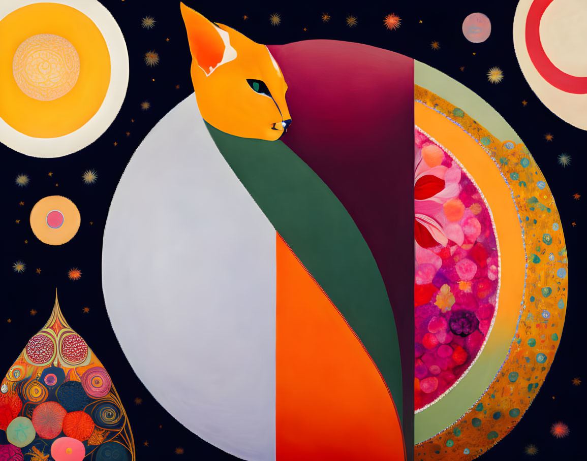 Abstract fox art with celestial backdrop & cosmic patterns