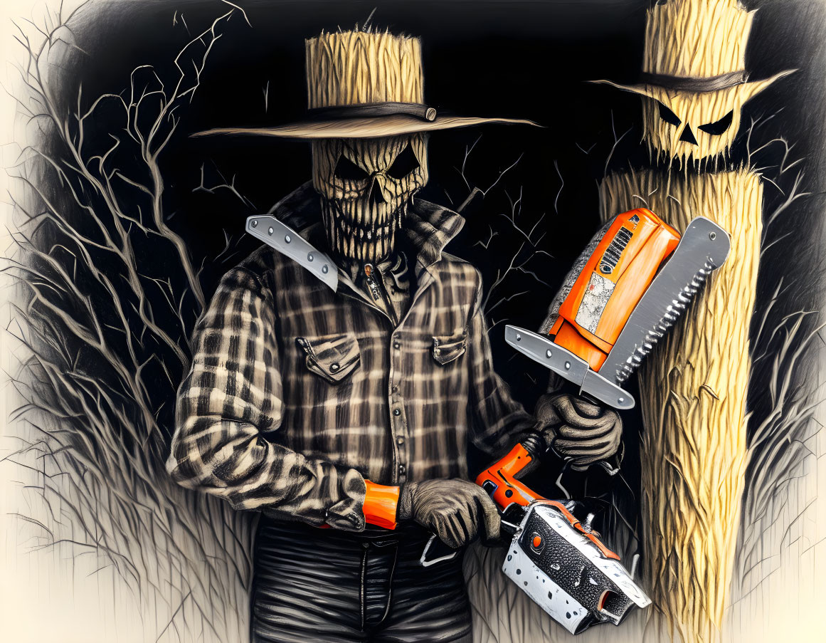 Creepy scarecrow pumpkin heads with chainsaw in dark setting