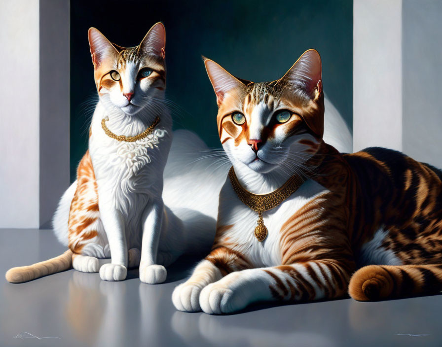 Regal cats with striking markings wearing golden collars against light and shadow.