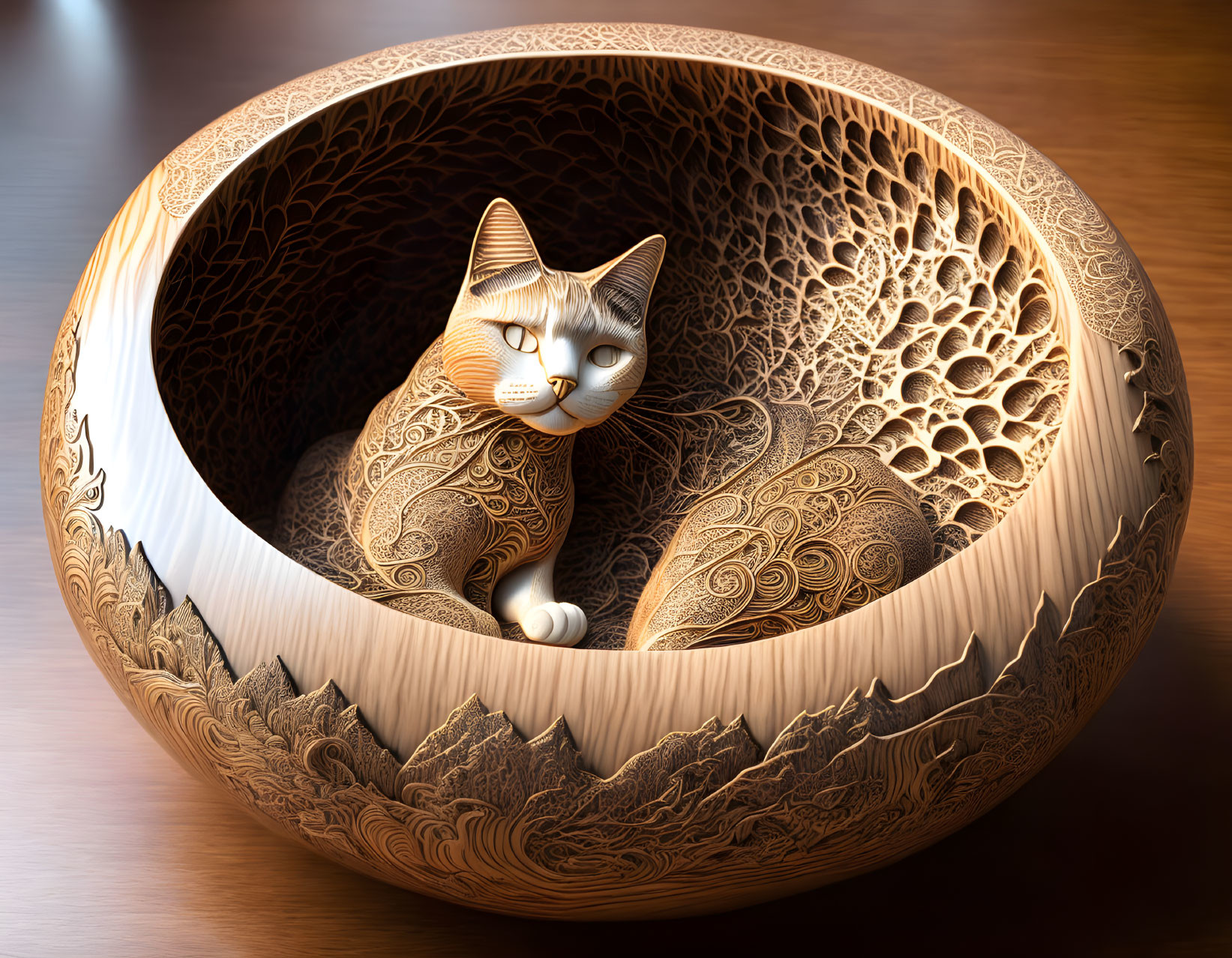 Intricate Carved Wooden Sphere with Realistic Cat Figure and Foliage Designs