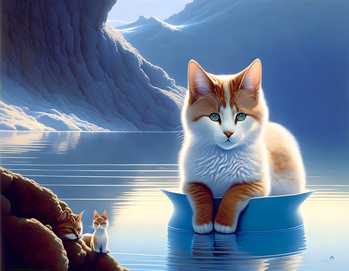 Oversized cat in paper boat with two smaller cats onshore by icy cliffs