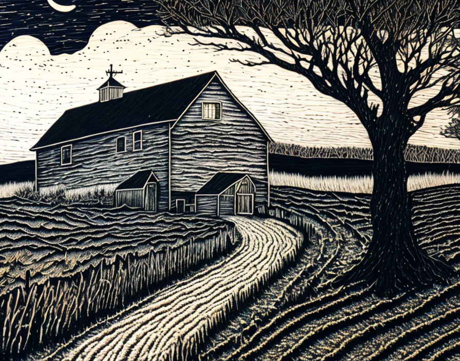 Farm scene illustration: barn, plowed fields, trees, crescent moon