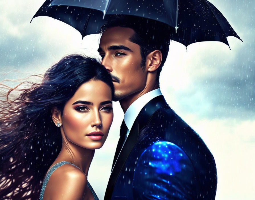 Illustrated Couple Under Umbrella in Cosmic Suit and Blue Dress Amid Stormy Sky