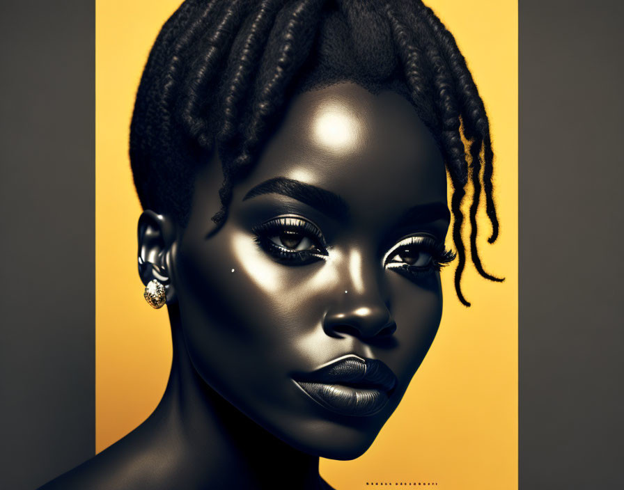 Monochromatic portrait of woman with braided hair on yellow background