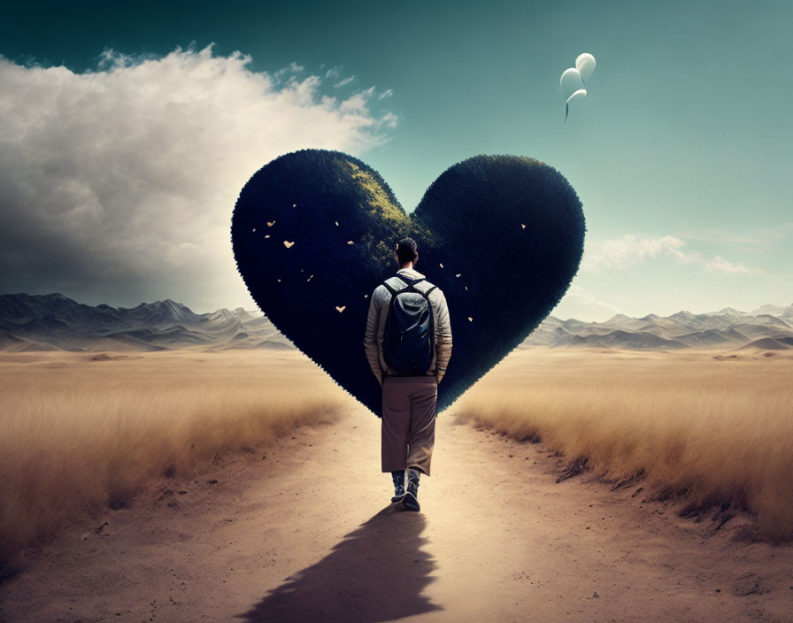 Person with backpack at heart-shaped desert opening with floating balloon