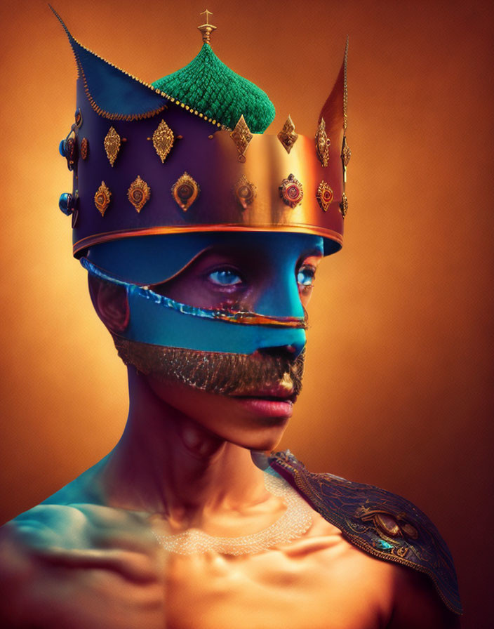 Surreal portrait of person with fragmented face and royal adornments