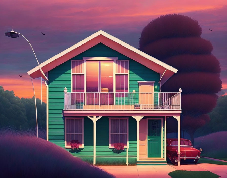 Vibrant sunset scene with two-story house, red car, and street lamps