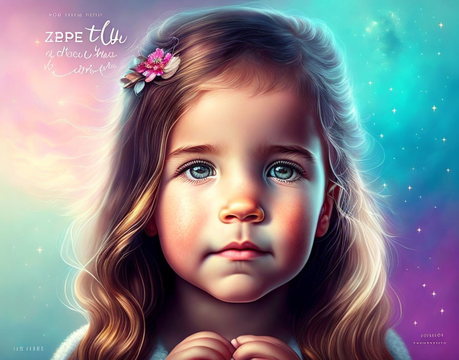 Digital artwork: Young girl with blue eyes and pink hair clip in colorful starry setting