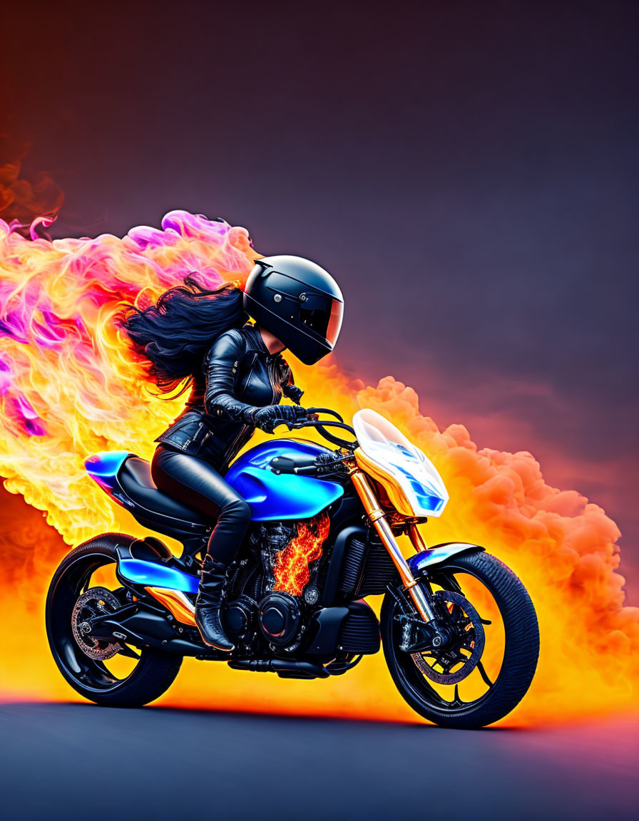 Motorcyclist in black gear with neon blue accents in front of fiery orange backdrop