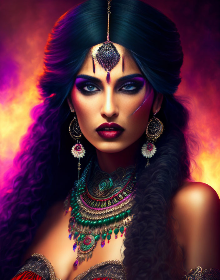 Striking blue-eyed woman with elaborate jewelry in vibrant purple and orange backdrop