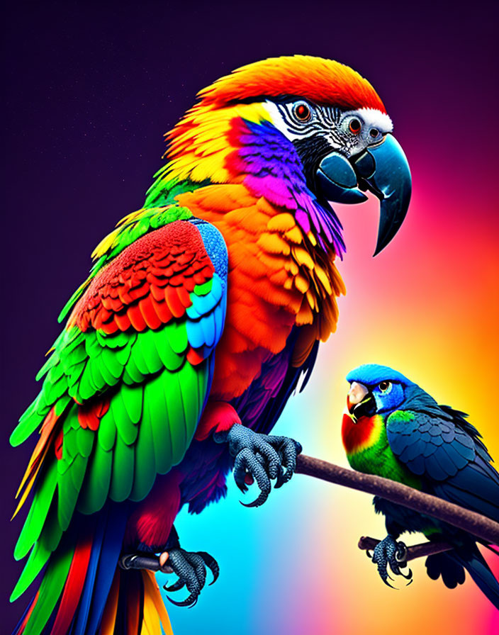 Colorful Large Parrot with Rainbow Palette Perched Near Smaller Green Parrot