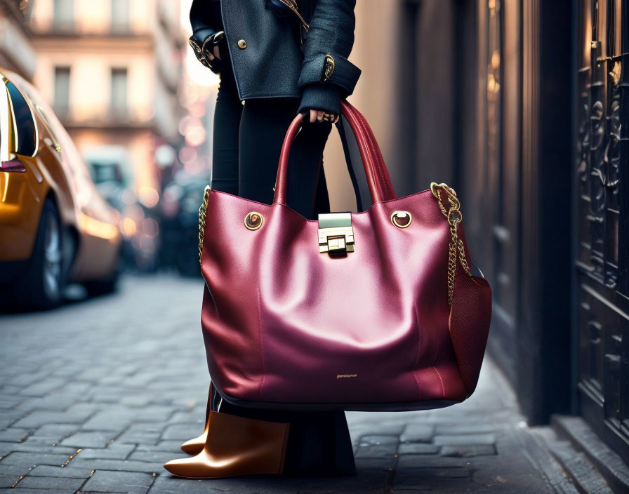 Person with Magenta Tote Bag Standing by Yellow Car on City Street