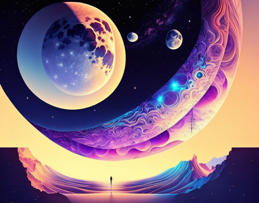 Person standing in surreal landscape with celestial bodies and cosmic patterns