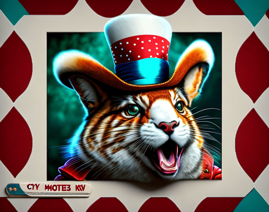 Whimsical tiger in red and blue top hat on vibrant background