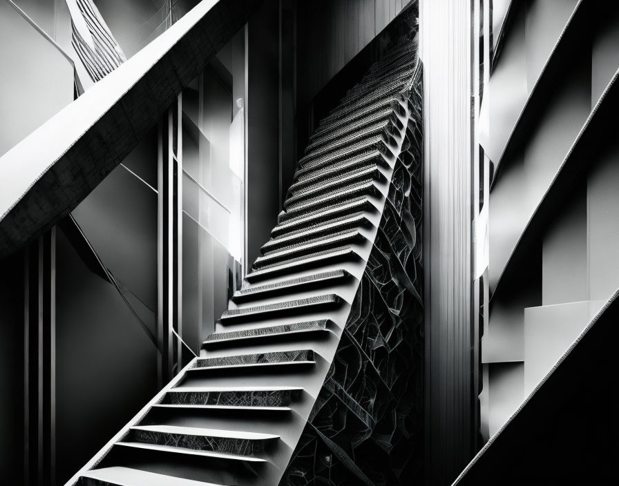 Modern monochrome architectural photo of geometric staircase with contrasting light and shadows.