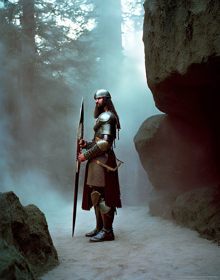 Medieval knight in armor with spear in misty woods among rocks