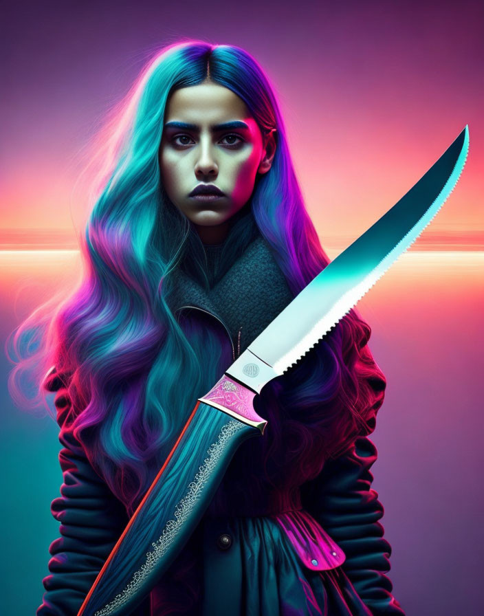 Woman with Blue and Purple Hair Holding Ornate Knife on Neon Background