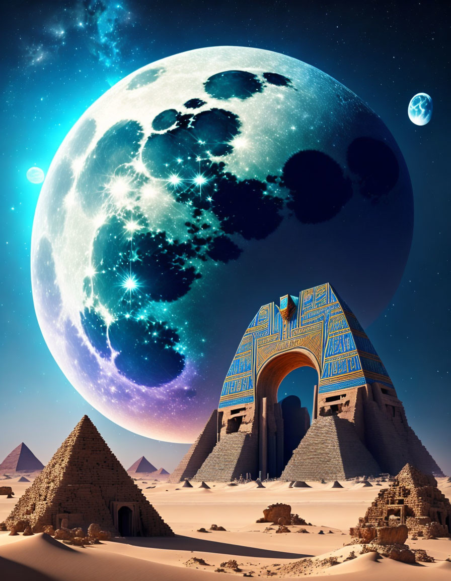 Ancient Egyptian pyramids under starry sky with oversized moon.