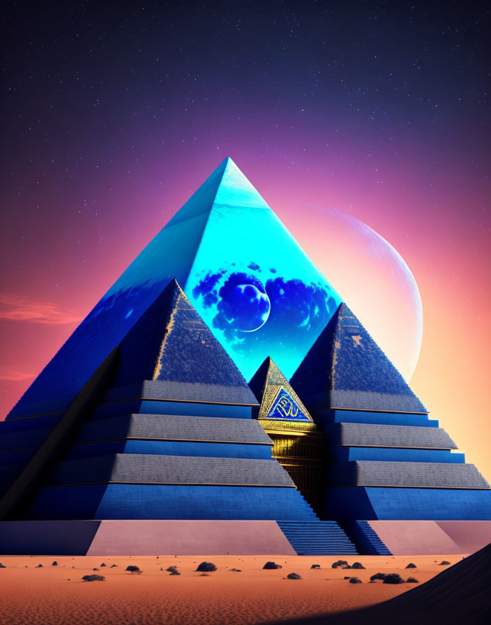 Surreal pyramid with glowing entrance under twilight sky in desert