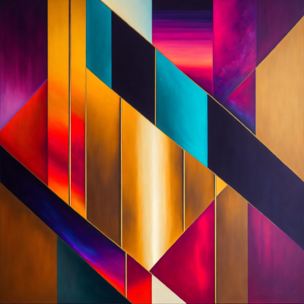 Vibrant abstract painting: bold geometric shapes, purples, golds, blues