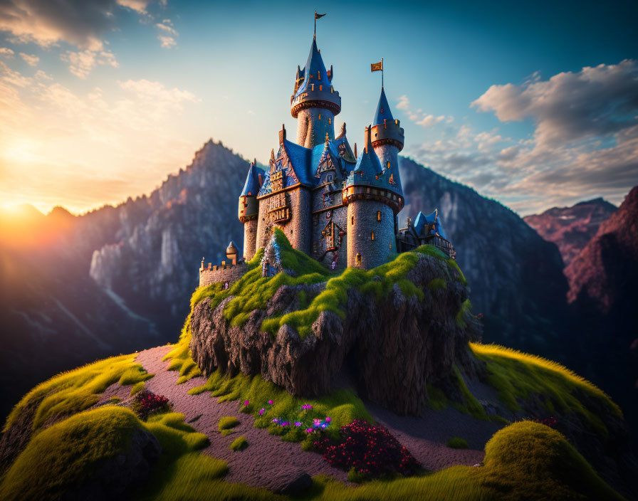 Fairytale castle on lush green hill at sunset