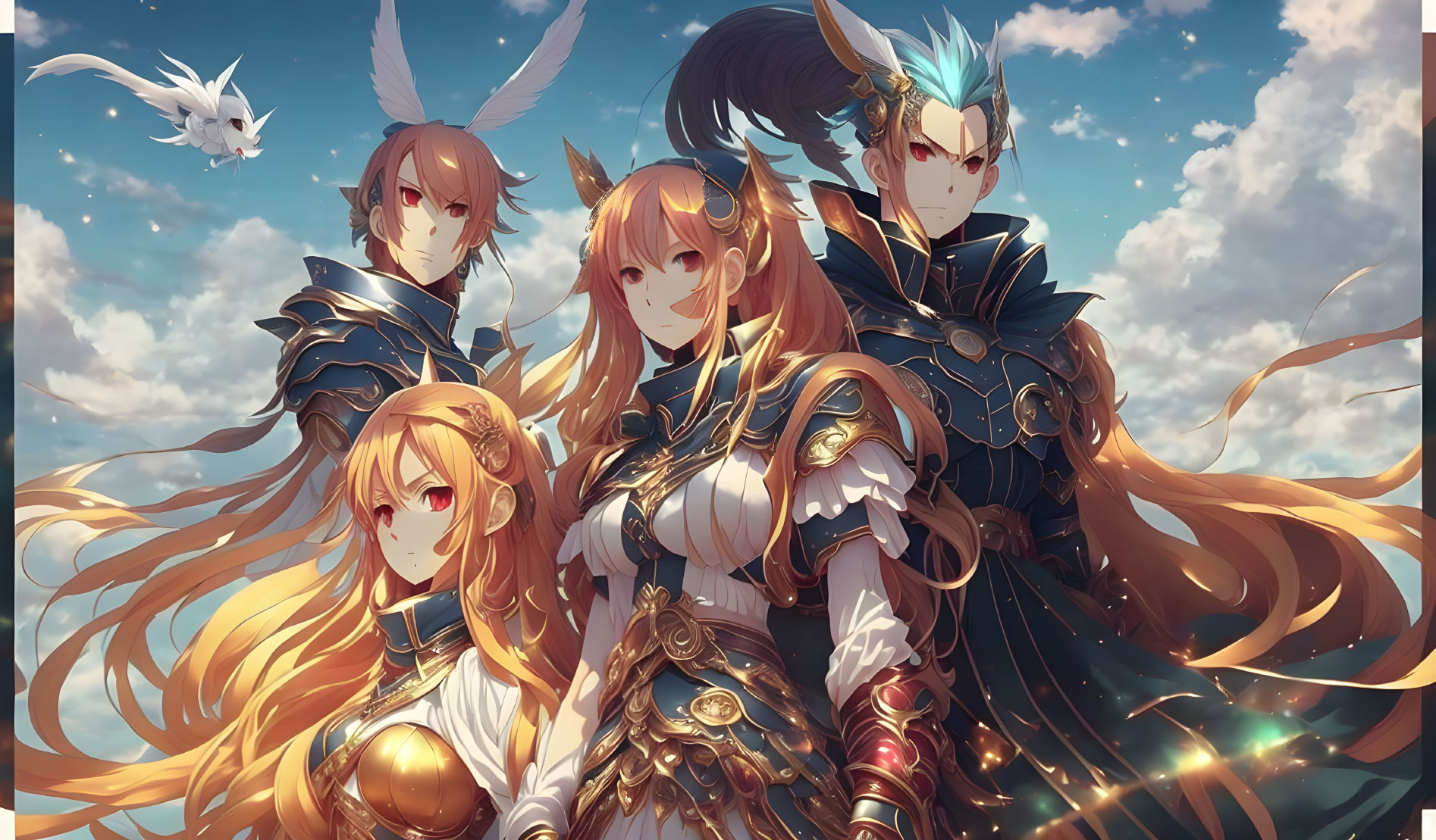 Four animated fantasy characters in ornate armor under a dramatic sky