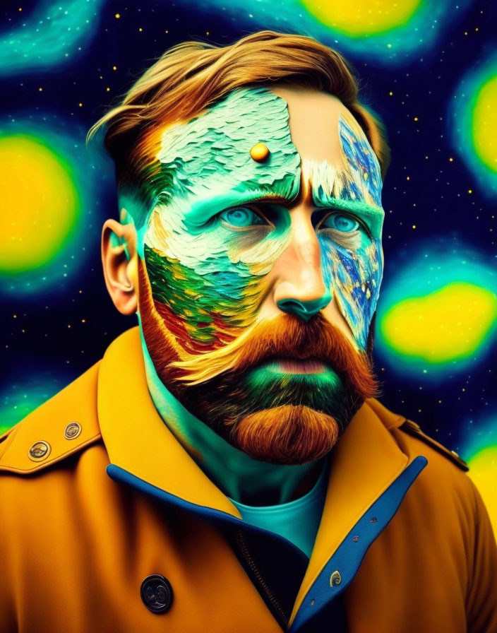 Digital portrait of man with "Starry Night" painting on face against cosmic backdrop