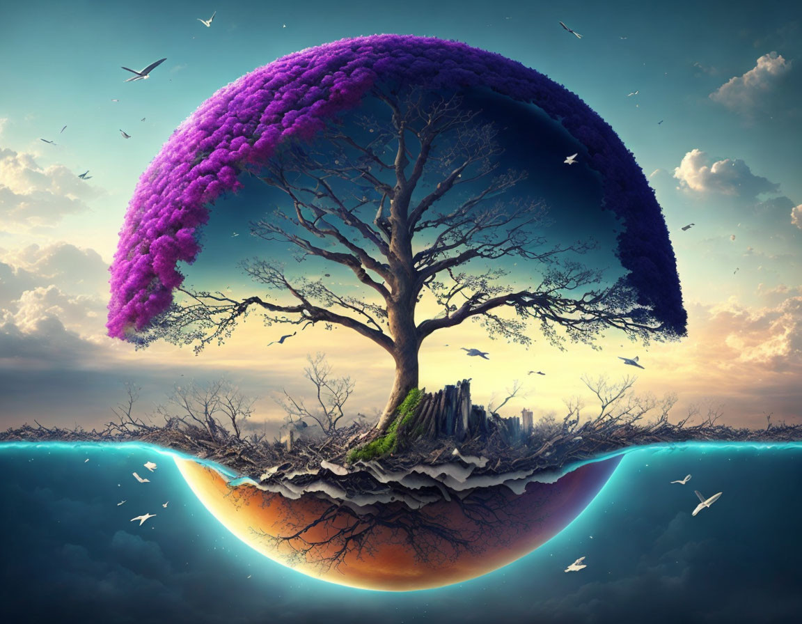 Surreal image: Purple canopy tree on floating island with birds & underwater view