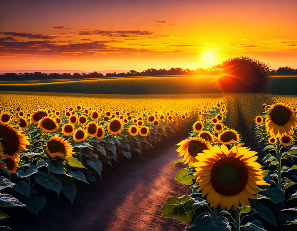 Vibrant sunset over sunflower field with warm glow and long shadows