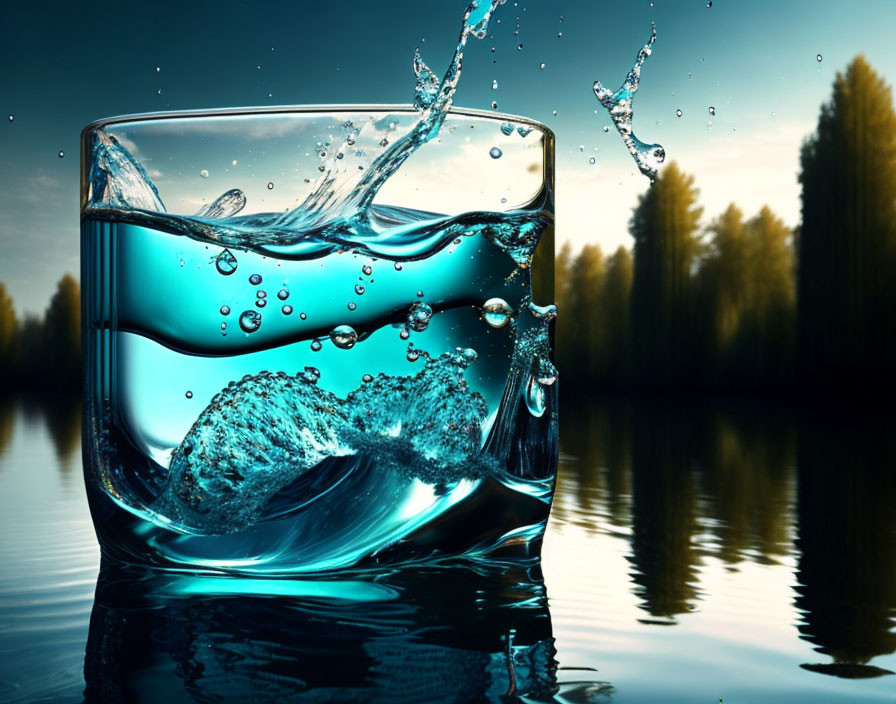 Water splash against tree backdrop in tranquil setting.