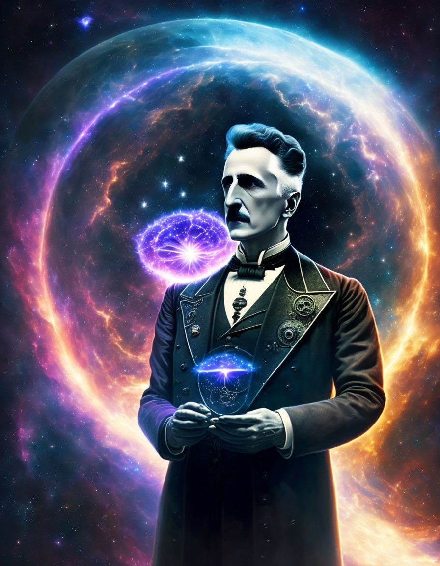 Scientific rendition of Tesla with cosmic backdrop and glowing sphere