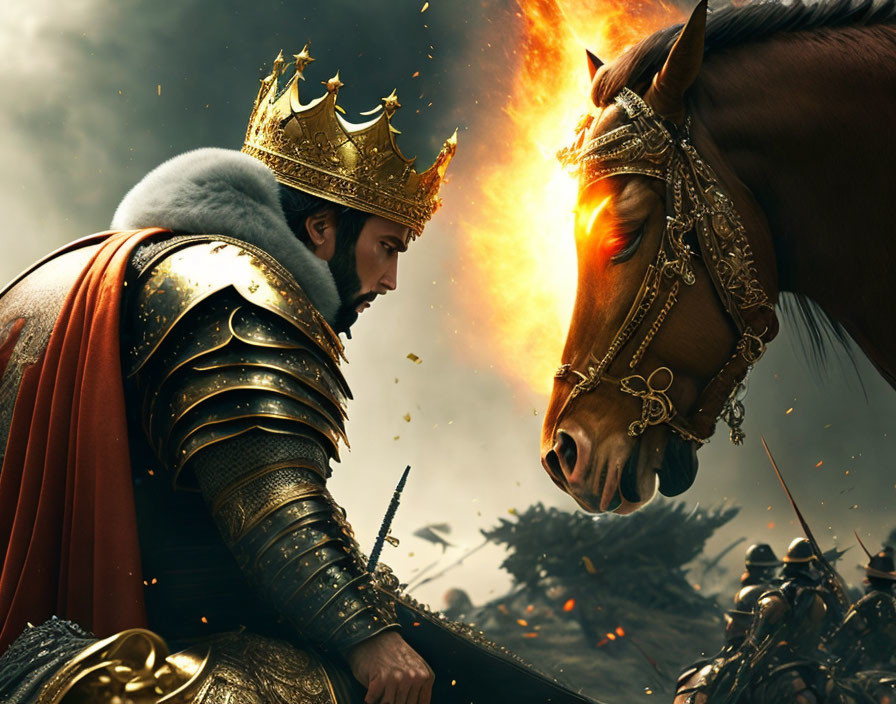 Medieval king on horseback with fiery explosion background