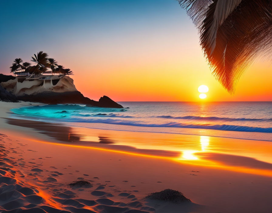 Tropical sunset over ocean with palm trees and house on rocky outcrop