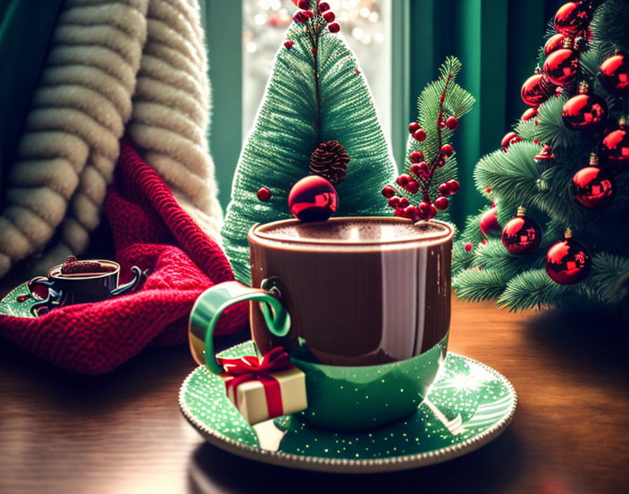 Christmas-themed cozy setting with hot chocolate, green cup, miniature tree, baubles, and gift