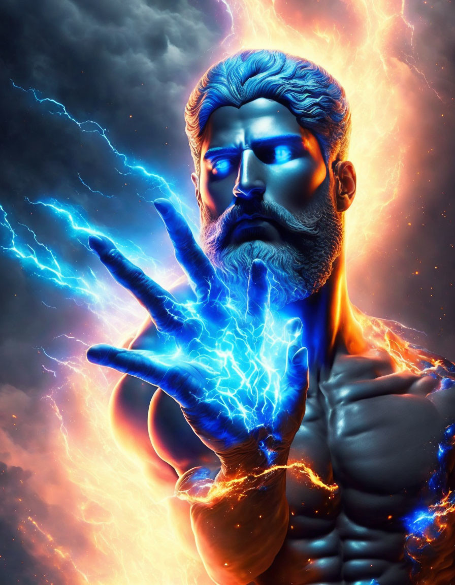 Muscular man with blue aura and lightning in stormy background