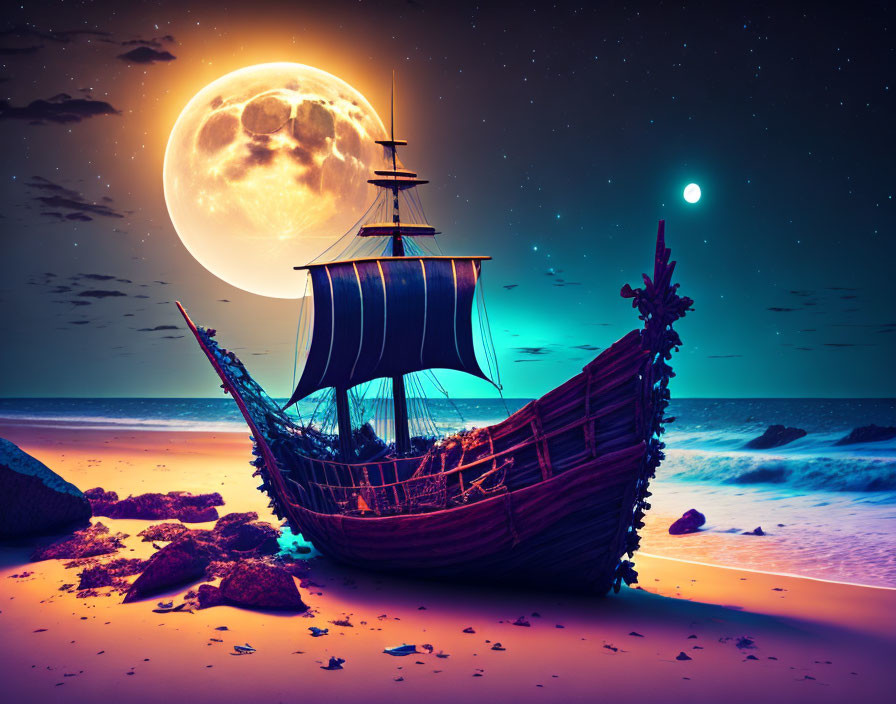 Moonlit beach scene: old shipwreck, large moon, vibrant colors