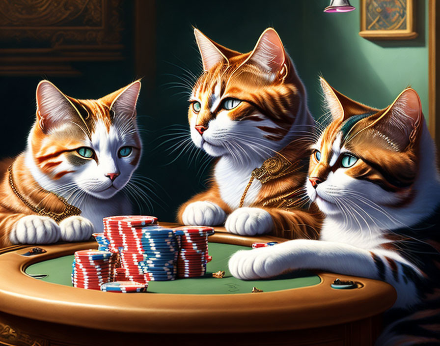 Three cats with human-like expressions at poker table