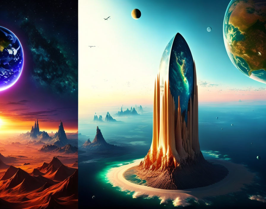 Colorful Alien Landscape with Towering Structure & Spacecraft