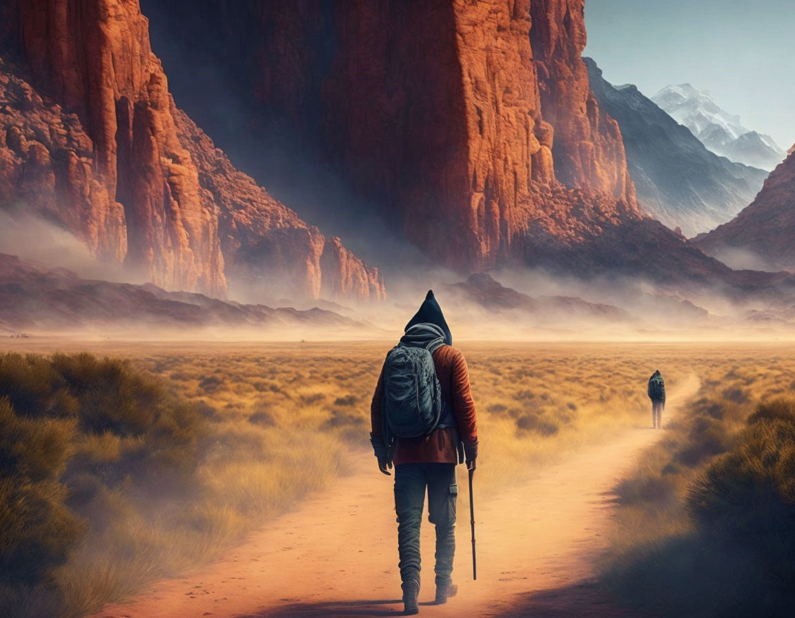 Hiker with backpack and walking stick in desert valley surrounded by red cliffs