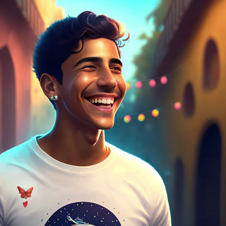 Young man smiling in white t-shirt with butterfly and space design in festive street scene