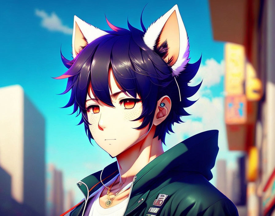 Black-Haired Male Anime Character with Wolf Ears in Green Jacket