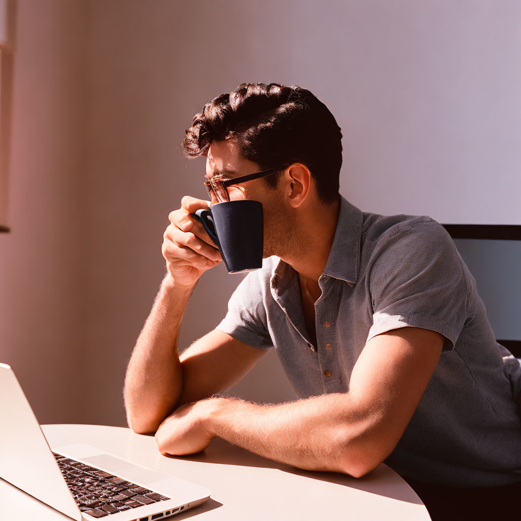 Man in gray shirt sips from blue mug at desk with laptop in soft light