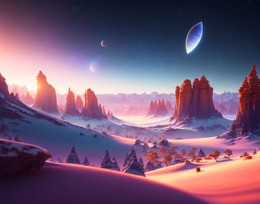 Snow-covered ground, towering rocks, colorful sky with moon and celestial bodies