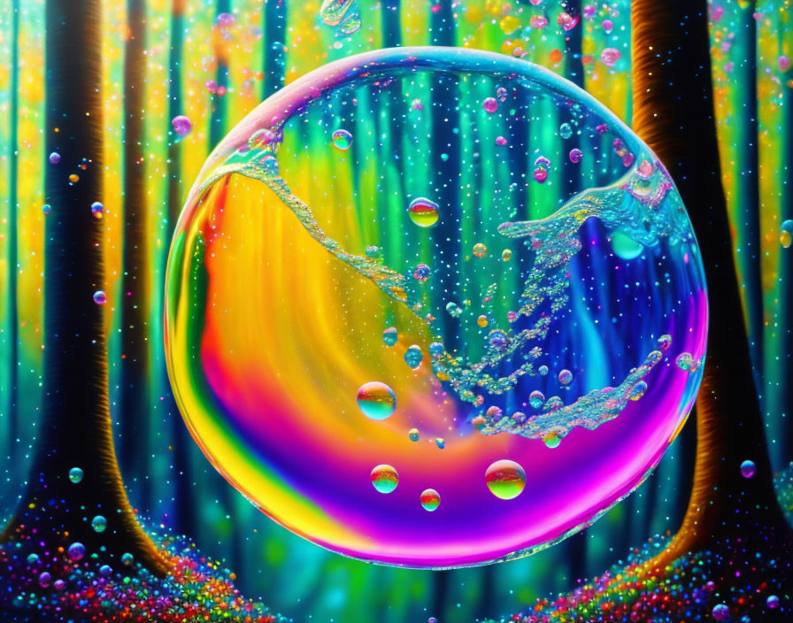 Colorful soap bubble with swirling colors on striped background