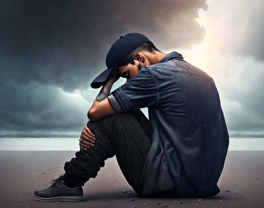 Young man in denim jacket and cap sitting on beach under dramatic cloudy sky