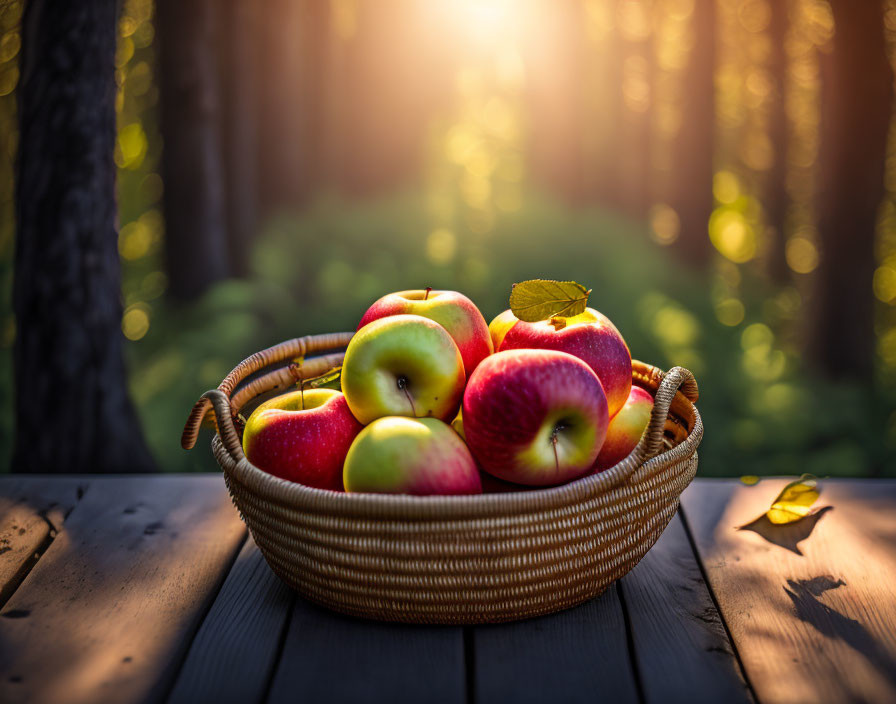 Wicker basket with red and green apples on wooden surface