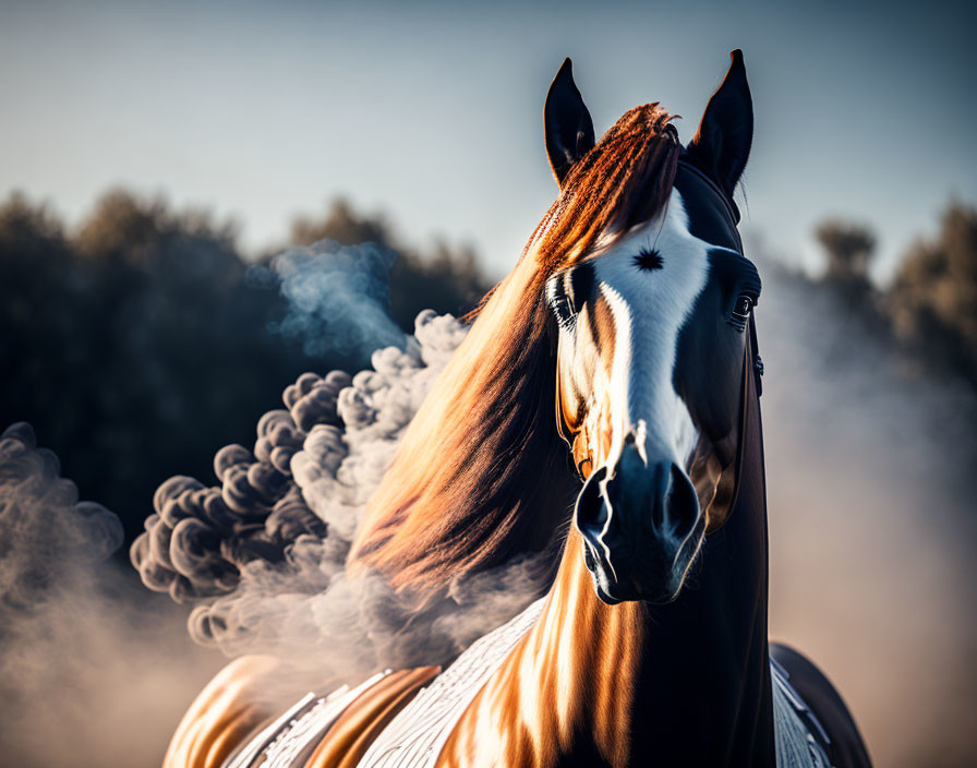 Majestic bay horse with glossy coat and flowing mane in swirling smoke against blurred background