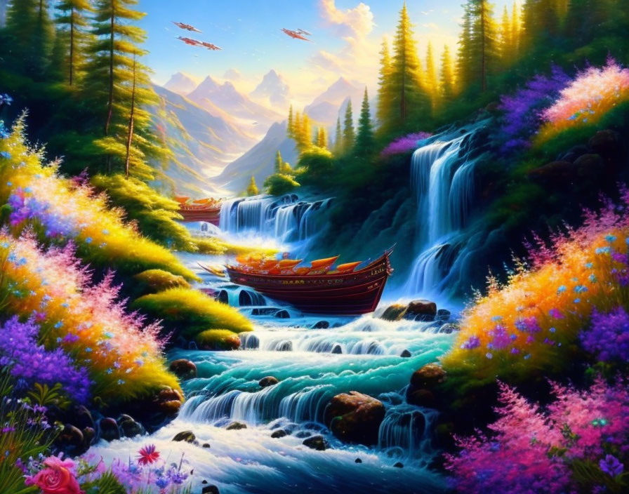 Scenic landscape with waterfall, river, boat, mountains