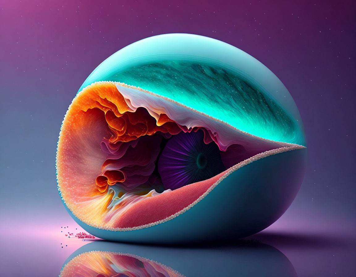 Colorful digital artwork of spherical object with sliced opening showing geode-like layers in teal, orange,